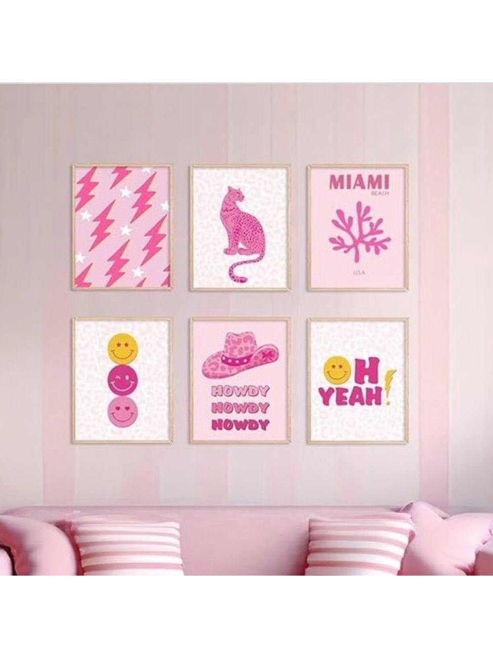 6 Pc Pink Aesthetic Wall Art Set 11x14 - Cowgirl, Leopard, Smiley Canvas Prints